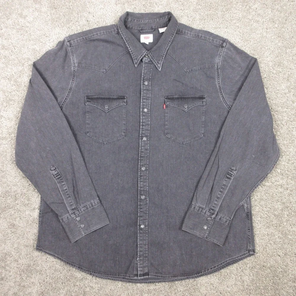 Levis‎ Shirt Mens 2XL Black Denim Jean Pearl Snap Western Cowboy Workwear Faded